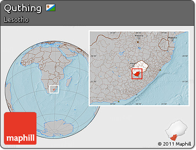 Gray Location Map of Quthing, highlighted country, within the entire country, hill shading