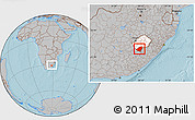 Gray Location Map of Quthing, highlighted country, within the entire country, hill shading