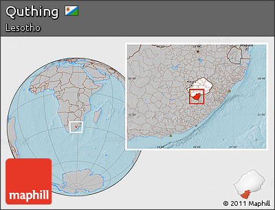 Gray Location Map of Quthing, highlighted country, hill shading