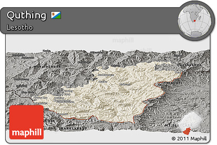 Shaded Relief Panoramic Map of Quthing, darken, semi-desaturated