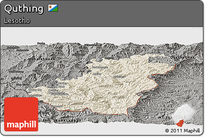 Shaded Relief Panoramic Map of Quthing, darken, semi-desaturated
