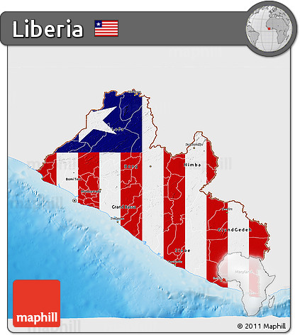 Flag 3D Map of Liberia, single color outside, shaded relief sea, flag rotated