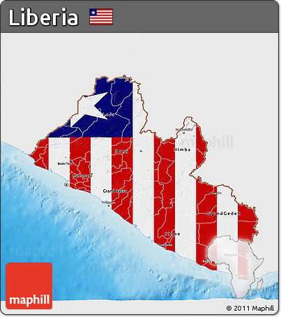 Flag 3D Map of Liberia, single color outside, shaded relief sea, flag rotated