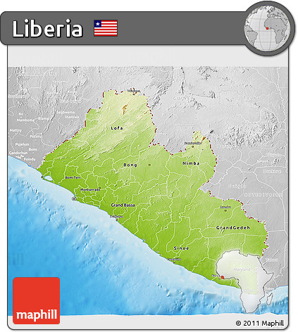 Physical 3D Map of Liberia, lighten, desaturated, land only