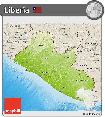 Physical 3D Map of Liberia, shaded relief outside