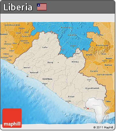 Shaded Relief 3D Map of Liberia, political shades outside, shaded relief sea