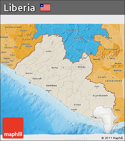 Shaded Relief 3D Map of Liberia, political shades outside, shaded relief sea