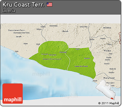 Physical 3D Map of Kru Coast Terr., shaded relief outside