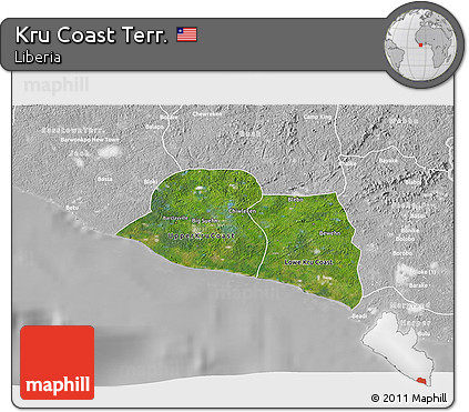 Satellite 3D Map of Kru Coast Terr., lighten, desaturated