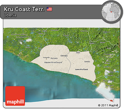 Shaded Relief 3D Map of Kru Coast Terr., satellite outside