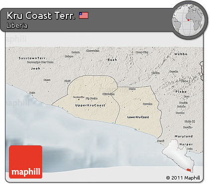 Shaded Relief 3D Map of Kru Coast Terr., semi-desaturated