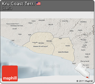 Shaded Relief 3D Map of Kru Coast Terr., semi-desaturated