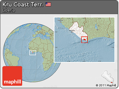 Savanna Style Location Map of Kru Coast Terr., highlighted country, hill shading