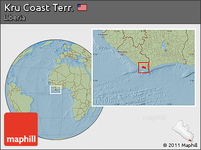 Savanna Style Location Map of Kru Coast Terr., hill shading