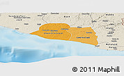 Political Shades Panoramic Map of Kru Coast Terr., shaded relief outside