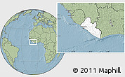 Blank Location Map of Liberia, savanna style outside, hill shading outside