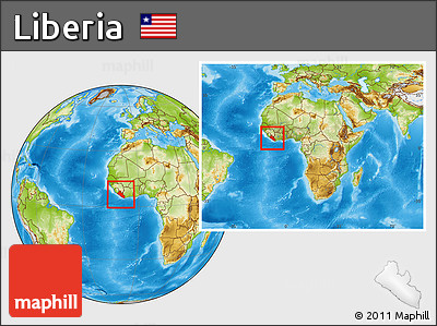Physical Location Map of Liberia, within the entire continent
