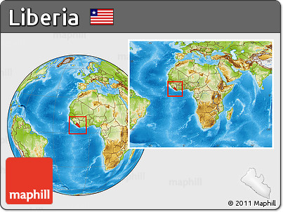 Physical Location Map of Liberia, within the entire continent
