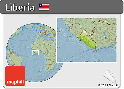 Physical Location Map of Liberia, savanna style outside, hill shading
