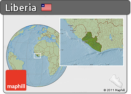 Satellite Location Map of Liberia, savanna style outside, hill shading