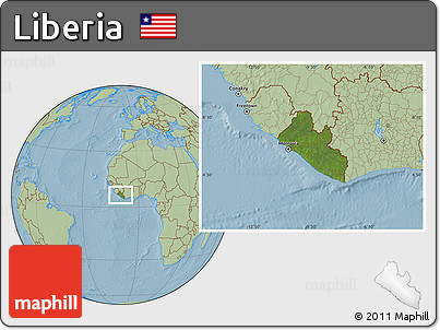 Satellite Location Map of Liberia, savanna style outside, hill shading