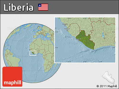 Satellite Location Map of Liberia, savanna style outside, hill shading