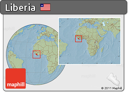 Savanna Style Location Map of Liberia, within the entire continent, hill shading