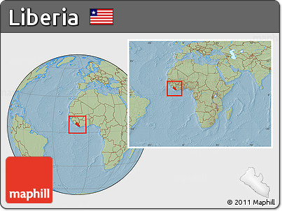 Savanna Style Location Map of Liberia, within the entire continent, hill shading