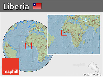 Savanna Style Location Map of Liberia, within the entire continent, hill shading