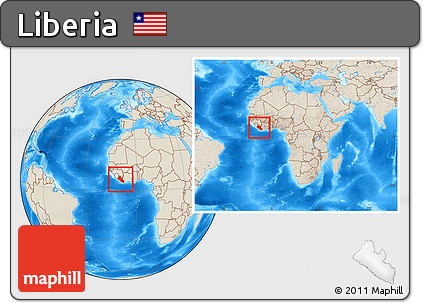 Shaded Relief Location Map of Liberia, within the entire continent