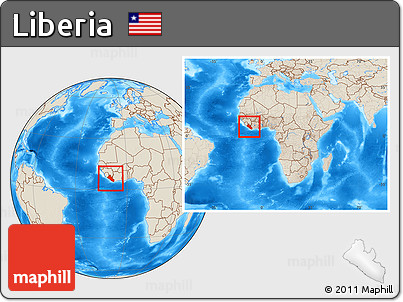 Shaded Relief Location Map of Liberia, within the entire continent