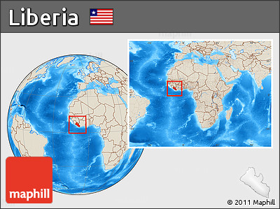 Shaded Relief Location Map of Liberia, within the entire continent