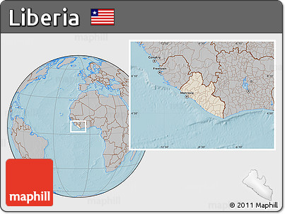 Shaded Relief Location Map of Liberia, gray outside, hill shading