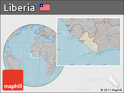 Shaded Relief Location Map of Liberia, gray outside, hill shading