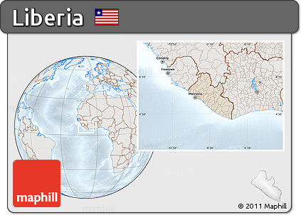 Shaded Relief Location Map of Liberia, lighten, semi-desaturated