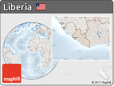 Shaded Relief Location Map of Liberia, lighten, semi-desaturated