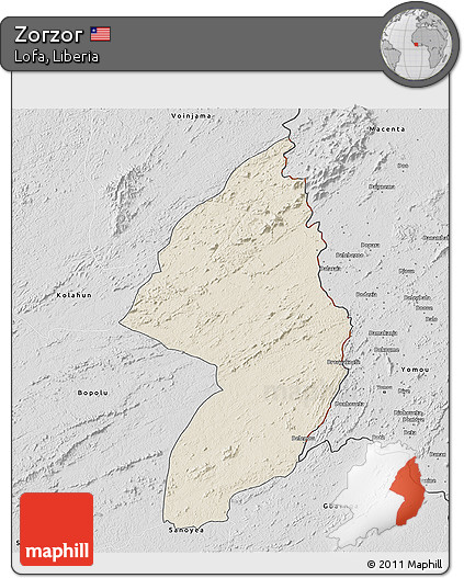 Shaded Relief 3D Map of Zorzor, desaturated