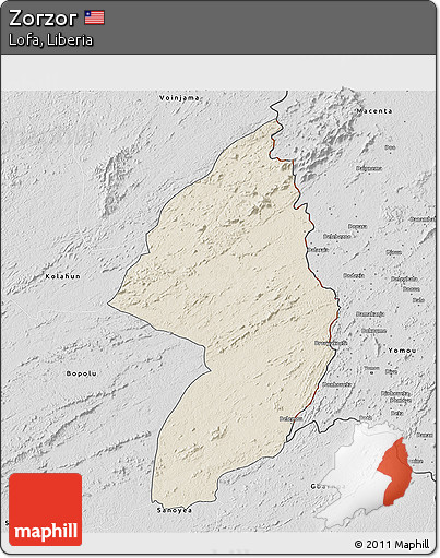 Shaded Relief 3D Map of Zorzor, desaturated