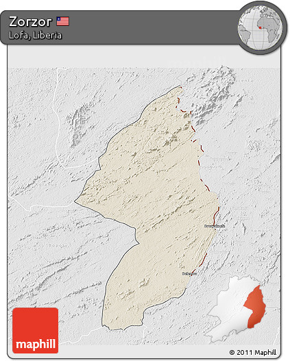 Shaded Relief 3D Map of Zorzor, lighten, desaturated