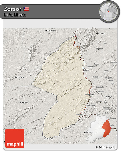 Shaded Relief 3D Map of Zorzor, semi-desaturated