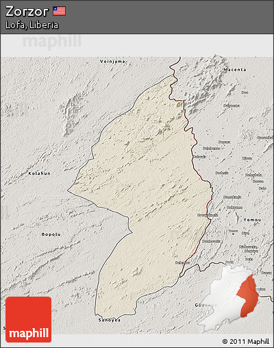Shaded Relief 3D Map of Zorzor, semi-desaturated
