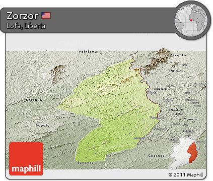 Physical Panoramic Map of Zorzor, semi-desaturated