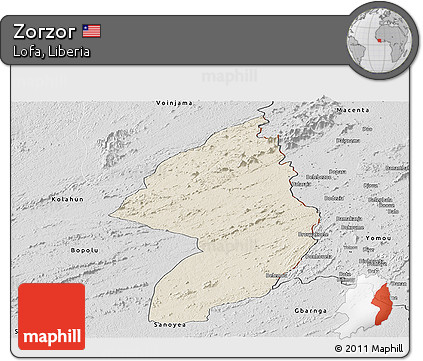Shaded Relief Panoramic Map of Zorzor, desaturated