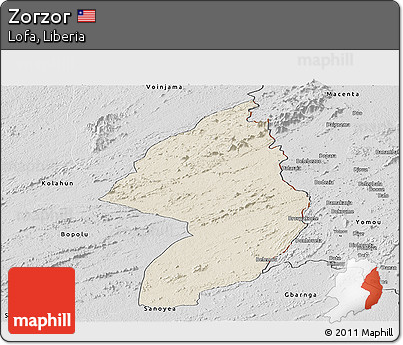 Shaded Relief Panoramic Map of Zorzor, desaturated
