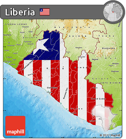 Flag Map of Liberia, physical outside, bathymetry sea, flag rotated