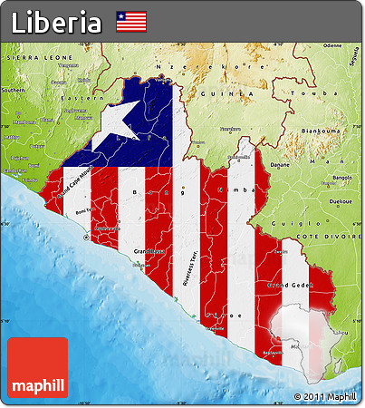 Flag Map of Liberia, physical outside, bathymetry sea, flag rotated