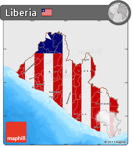 Flag Map of Liberia, single color outside, bathymetry sea, flag aligned to the middle