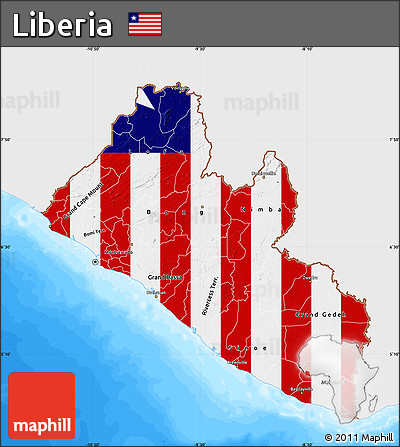 Flag Map of Liberia, single color outside, bathymetry sea, flag aligned to the middle