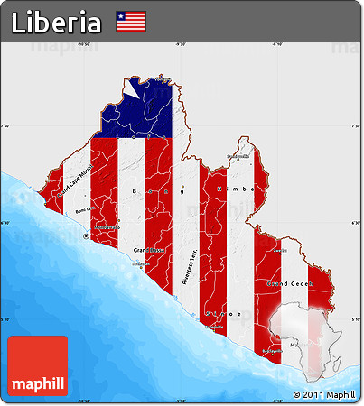Flag Map of Liberia, single color outside, bathymetry sea, flag aligned to the middle