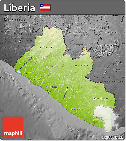 Physical Map of Liberia, darken, desaturated